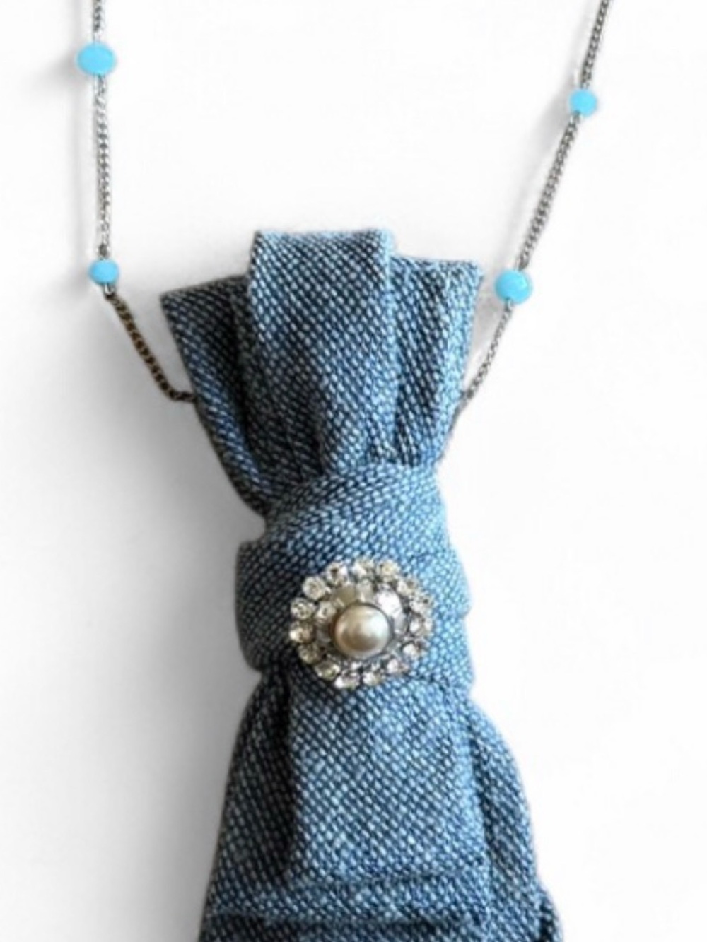 Re-Styled Vintage Denim Look Necktie Necklace, Rhinestones, Removable Chain - Picture 4 of 5